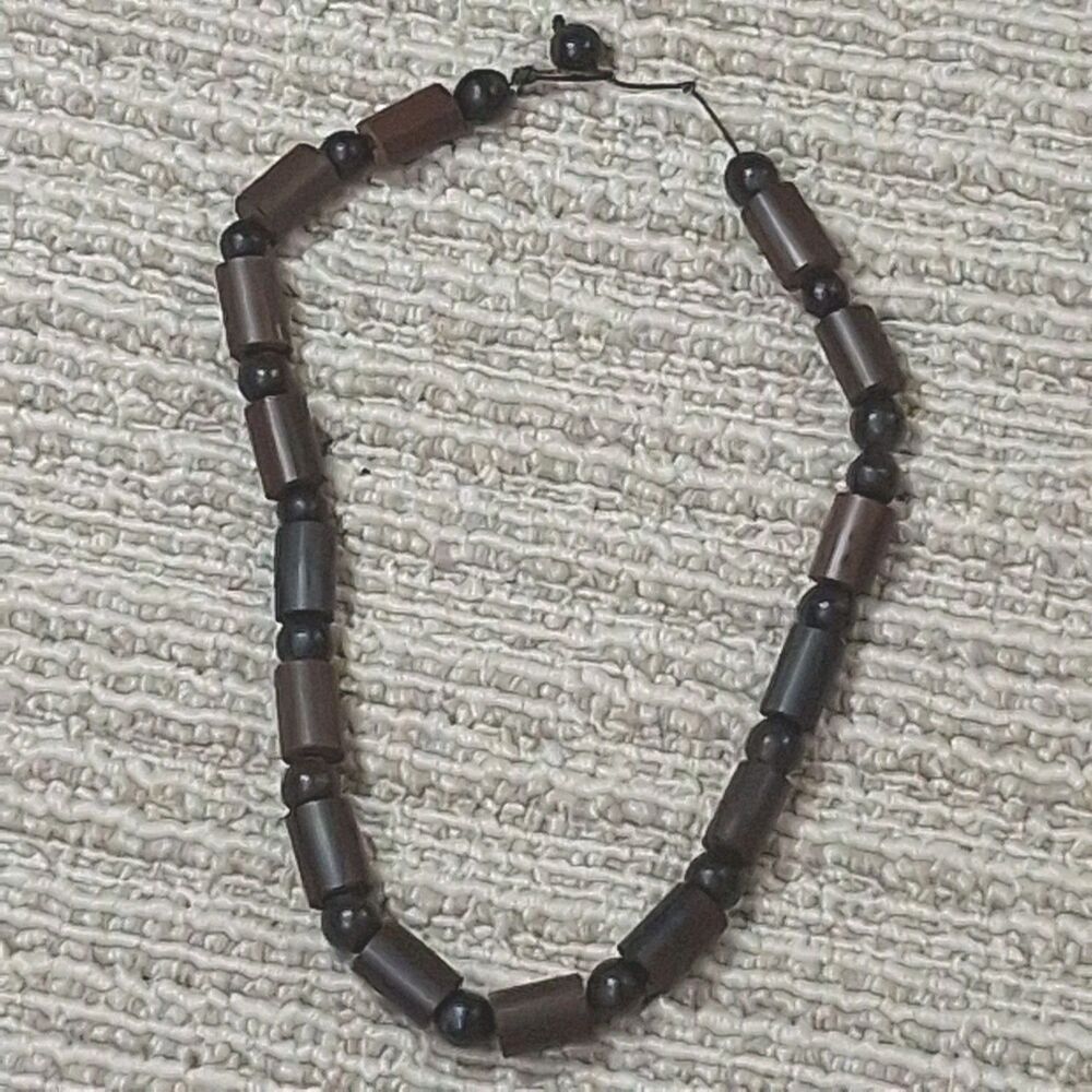Vintage Wood Cylinder Round Bead Necklace Brown Boho Men Women